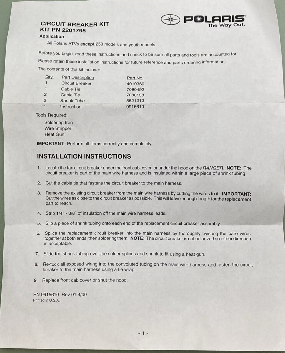 NEW GENUINE POLARIS 2201795 Kit - Circut Breaker, Fan