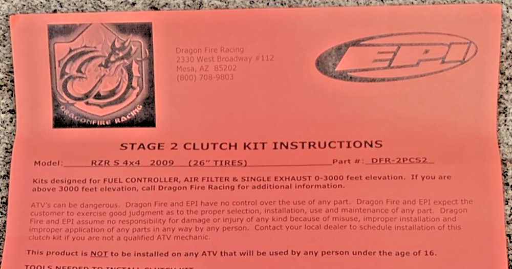 NEW GENUINE EPI DFR-2PCS2 CLUTCH KIT STAGE 2, POLARIS RZR S 4X4 09