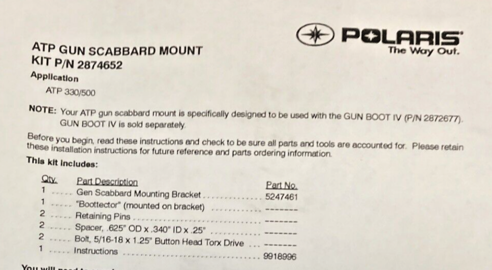 NEW GENUINE POLARIS 2874652 GUN SCABBARD MNT, ATP