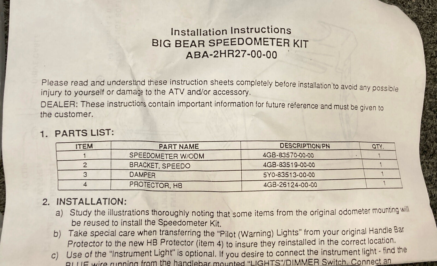 NEW GENUINE YAMAHA ABA-2HR27-00-00 BIGBEAR SPEEDO KIT