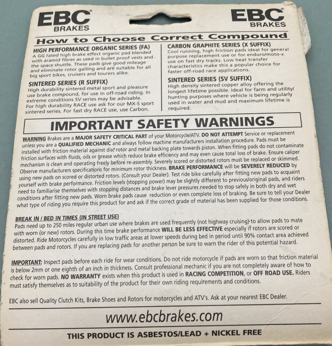 NEW GENUINE EBC BRAKES FA271R LONG LIFE SINTERED BRAKE PADS FRONT/REAR
