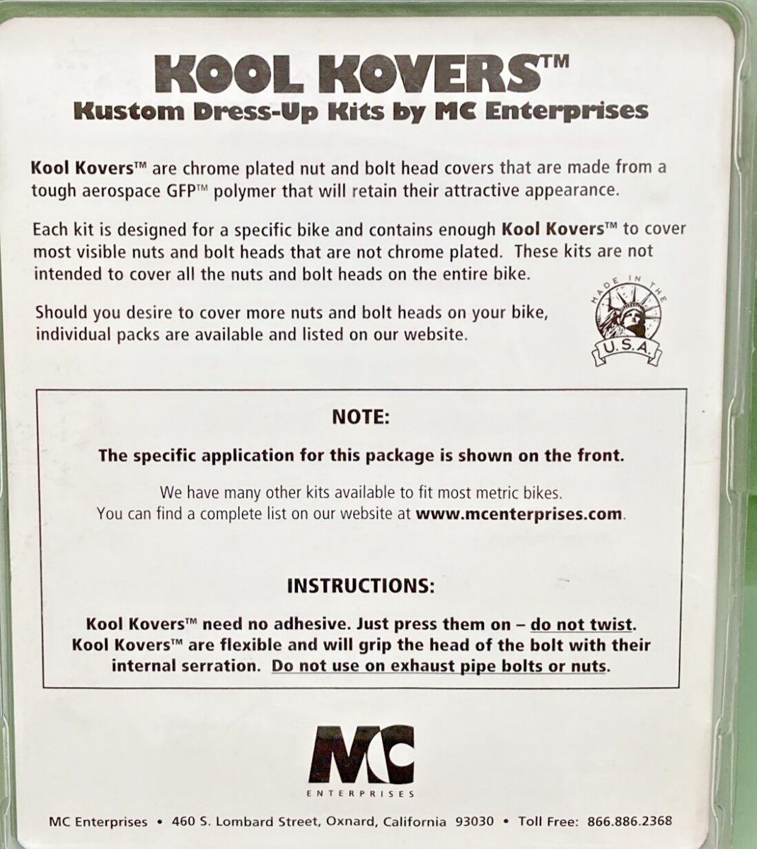 NEW GENUINE KOOL KOVER KK-150012 12MM CHROMED COVER NON-PLATED NUT & BOLT