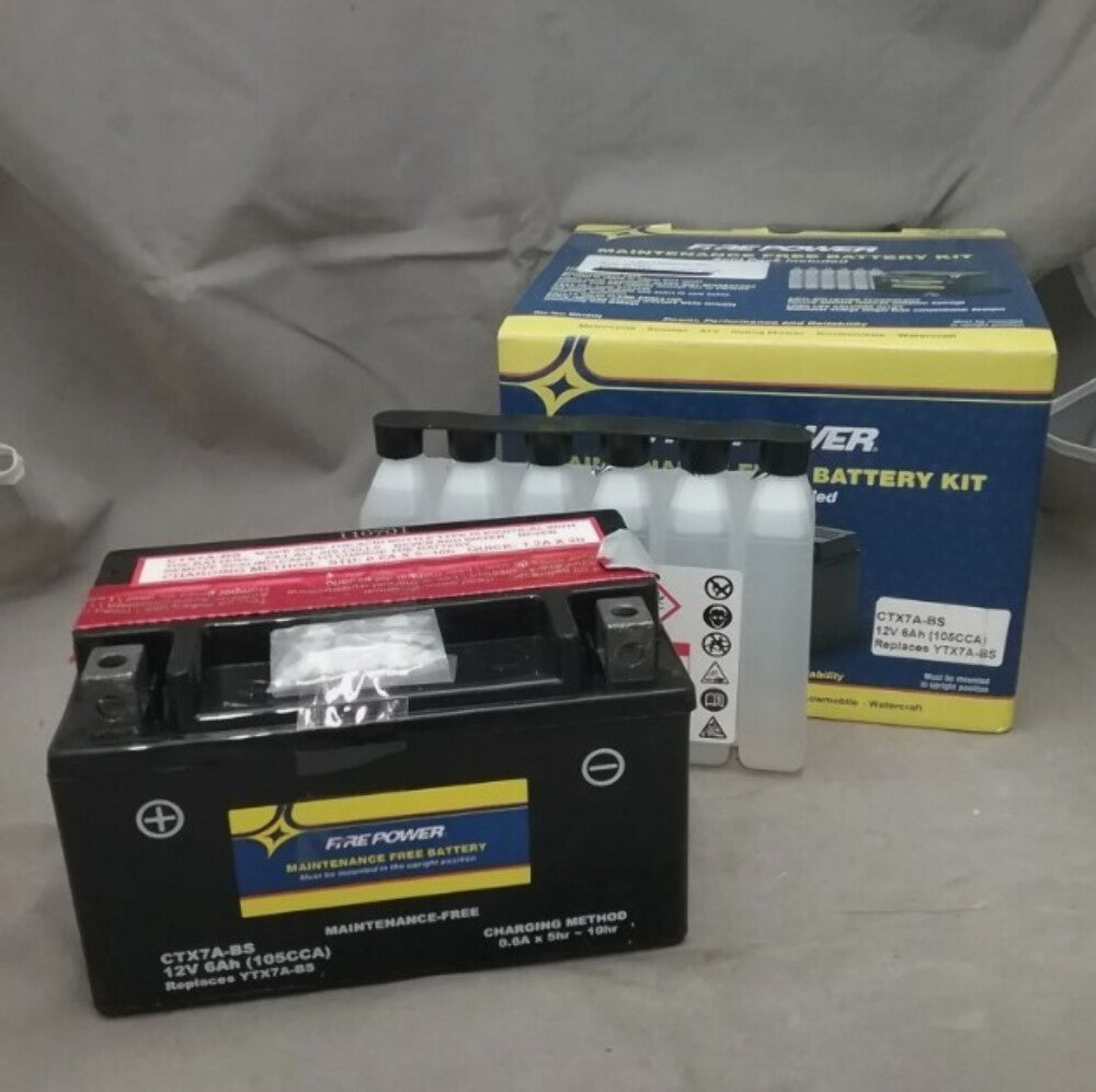 NEW FIRE POWER CTX7A-BS BATTERY MOTORCYCLE 6X3.43X3.75 12V 105CCA COMPLETE KIT