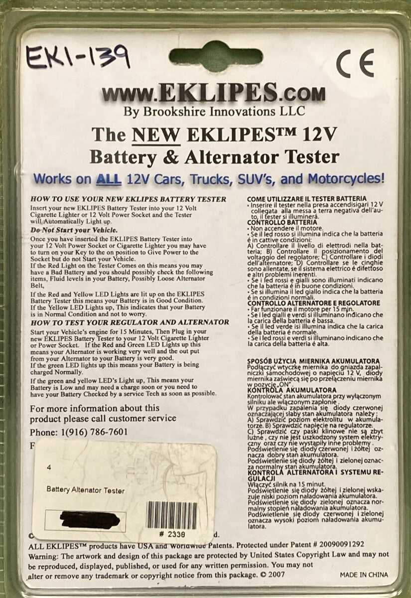 NEW EKLIPES EK1-139 PLUG IN 12 VOLT BATTERY & ALTERNATOR TESTER