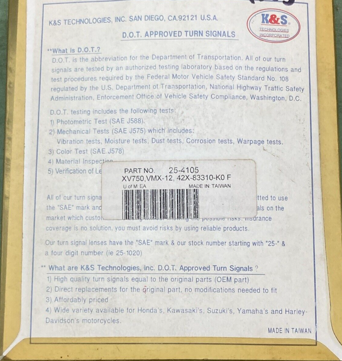 NEW K&S 25-4105 TURN SIGNAL ASSEMBLY MOTORCYCLE AMBER FOR YAMAHA