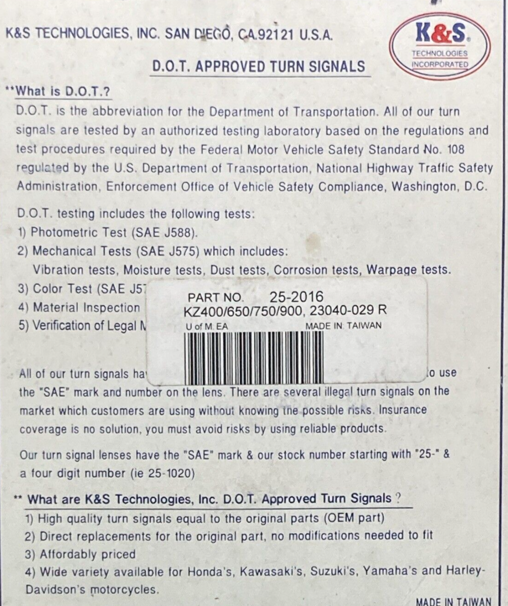 NEW K&S 25-2016 TURN SIGNAL ASSEMBLY MOTORCYCLE AMBER FOR KAWASAKI