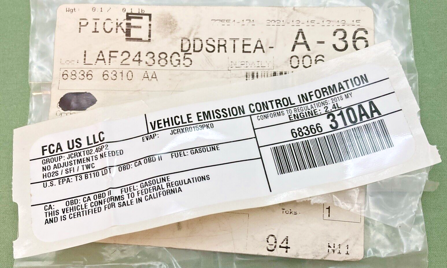 NEW REPLACES MOPAR 68366310AA Vehicle Emission Control Information Label