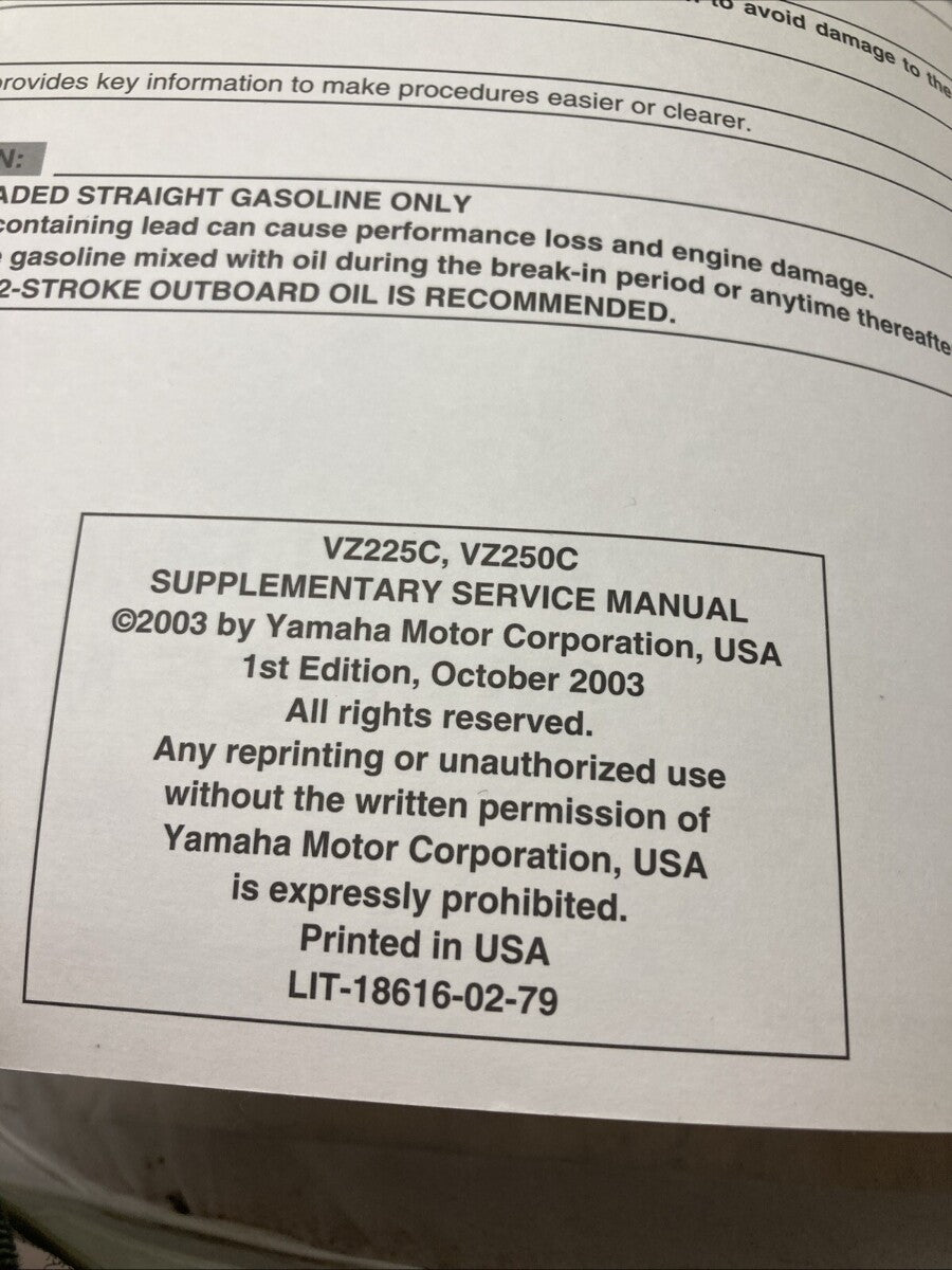 GENUINE YAMAHA LIT-18616-02-79 VZ225C, VZ250C SUPPLEMENTARY SERVICE MANUAL 2003