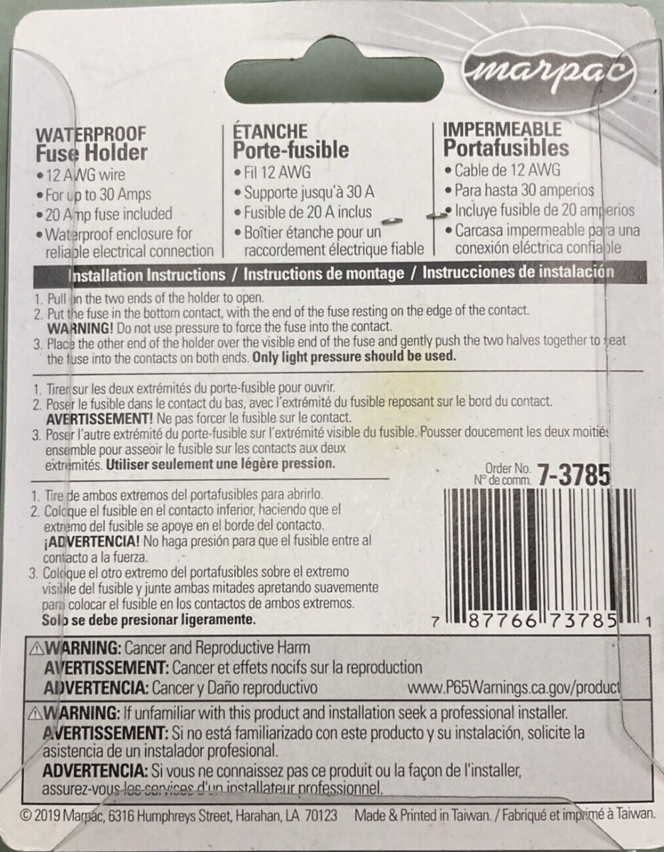 NEW GENUINE MARPAC MARINE 7-3785 WATERPROOF FUSE HOLDER W/ 20AMP FUSE