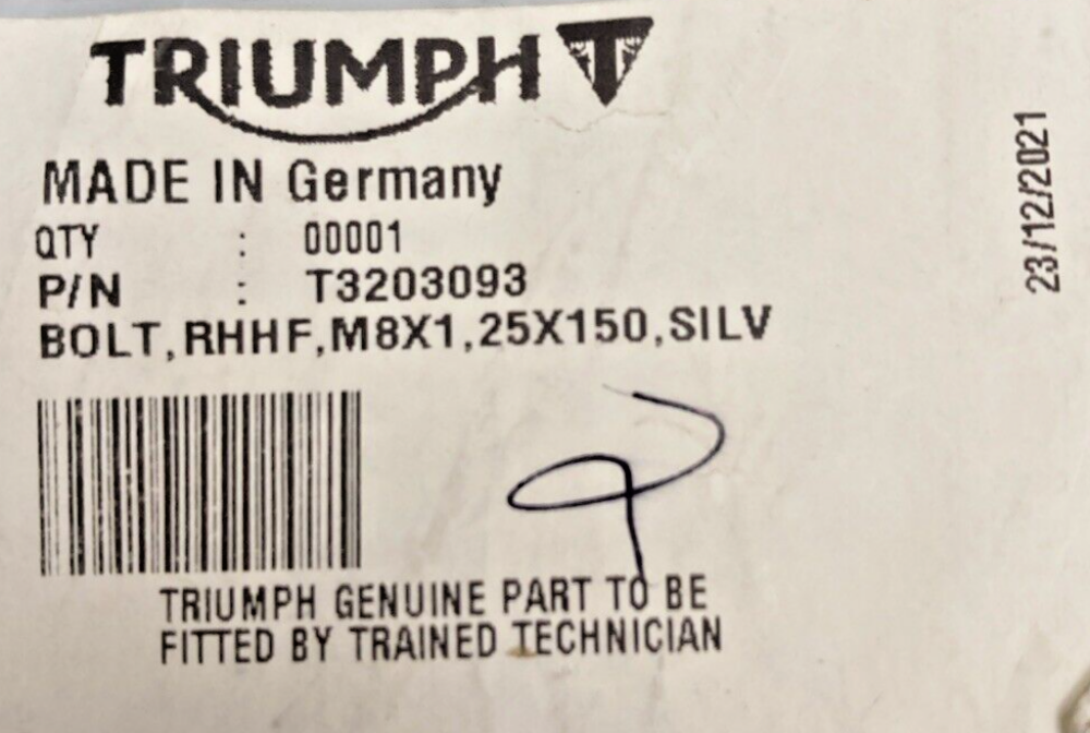 NEW GENUINE TRIUMPH T3203093 Bolt, Rhhf, M8 X 150, Slv