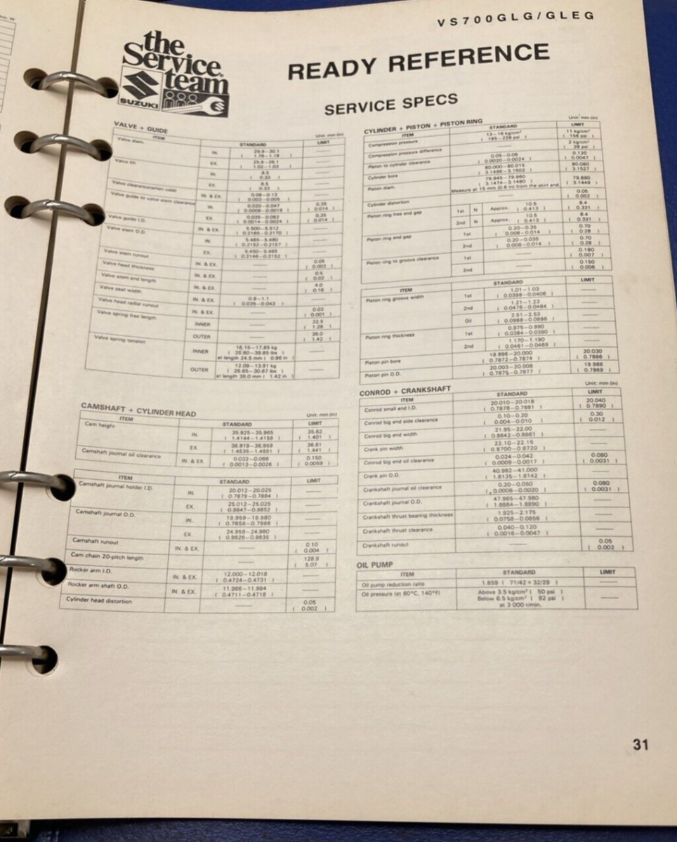 GENUINE SUZUKI 99923-03861 G MODEL READY REFERENCE SERVICE SPECIFICATION 1986