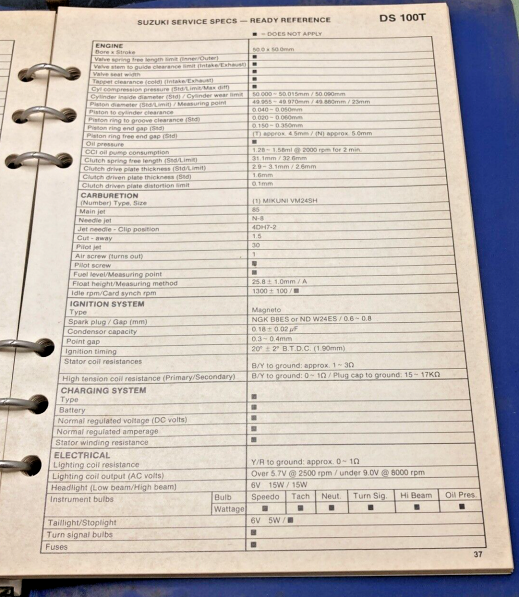 GENUINE SUZUKI 99923-00110 T MODELS READY REFERENCE SERVICE SPECIFICATIONS 1980