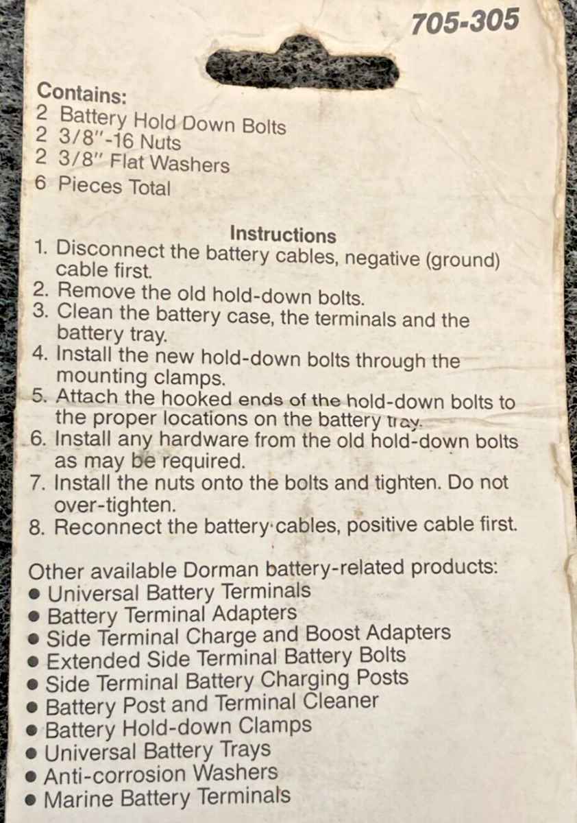 NEW DORMAN REPLACE-IT 705-305 BATTERY HOLD DOWN BOLT KIT 3/8"-16 X 10", 6 PIECES