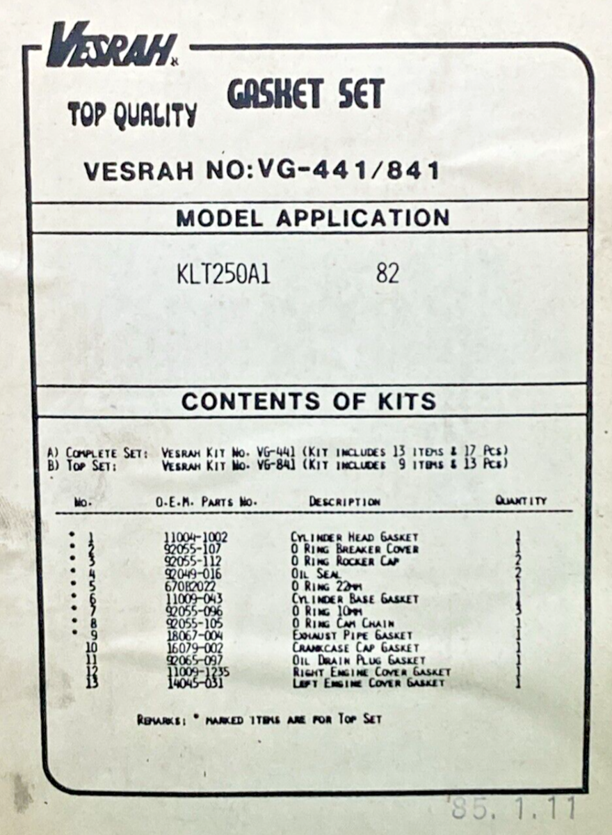 NEW GENUINE VESRAH VG-841 FOR KAWASAKI GASKET SET, INCOMPLETE KIT