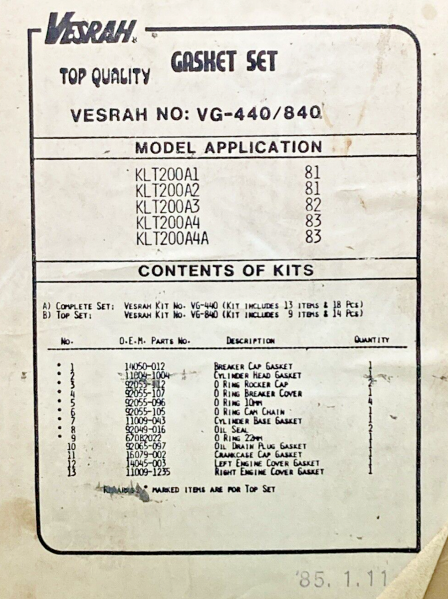 NEW GENUINE VESRAH VG-840 FOR KAWASAKI GASKET SET, INCOMPLETE KIT