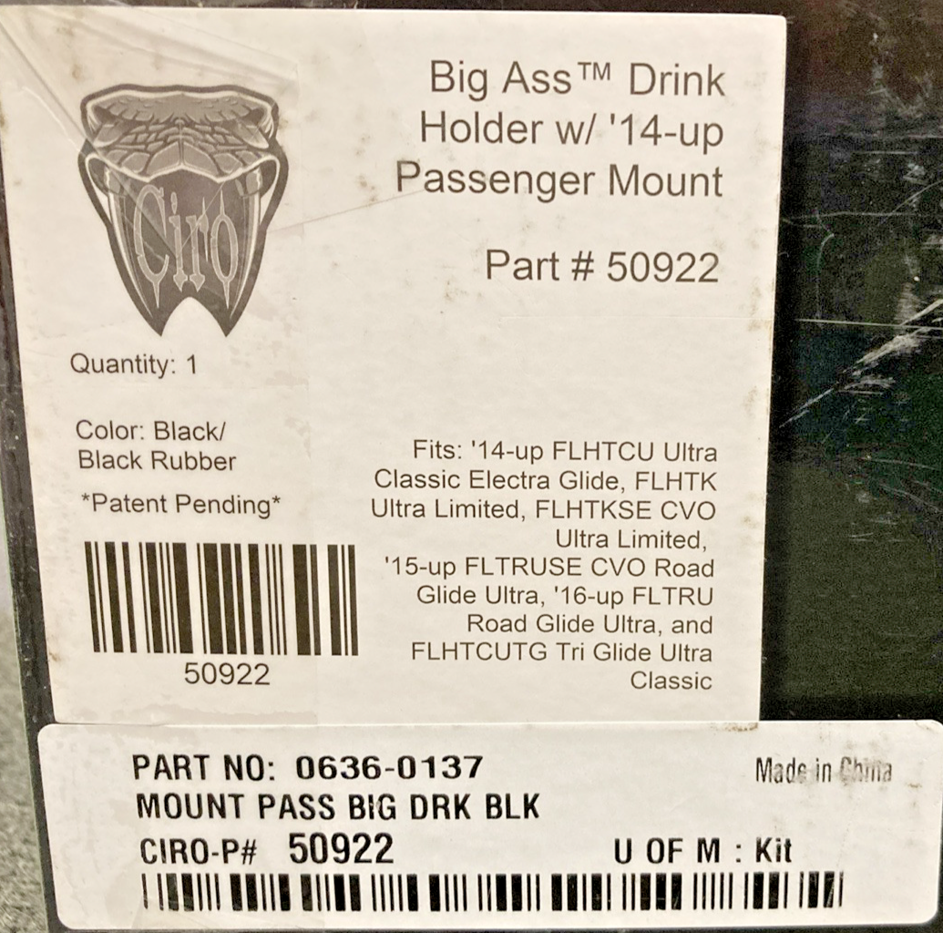 NEW GENUINE CIRO 0636-0137 BIG ASS DRINK HOLDER W/ '14-UP PASSENGER MOUNT, 50922