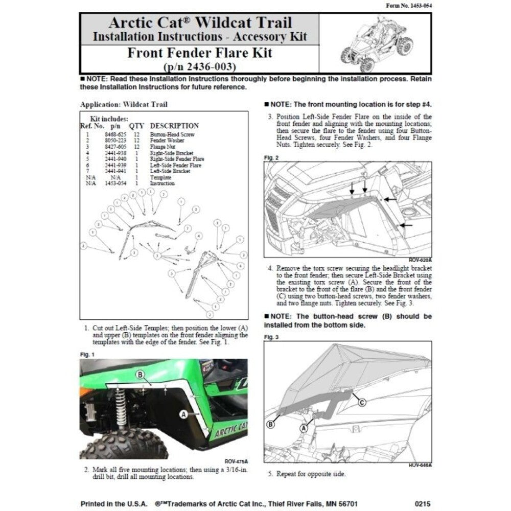 NEW GENUINE ARCTIC CAT 2436-003 FRONT FENDER FLARES, 2014-2020 WILDCAT TRAIL