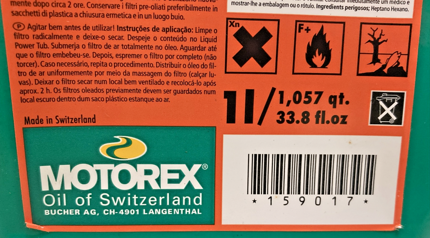 NEW GENUINE MOTOREX TWIN AIR 159017 LIQUID BIO POWER HI-TACK FILTER OIL, 1LT