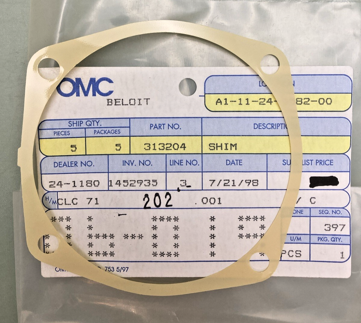 QTY 5 NEW GENUINE OMC 313204 Retainer to Housing Shim .004 Inch