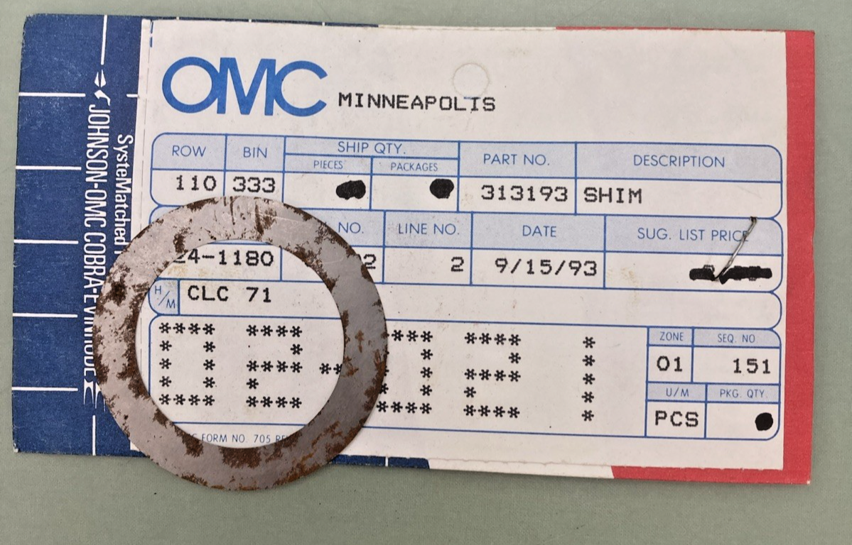 NEW GENUINE OMC 313193 Bearing to Piston Shim .003 Inch