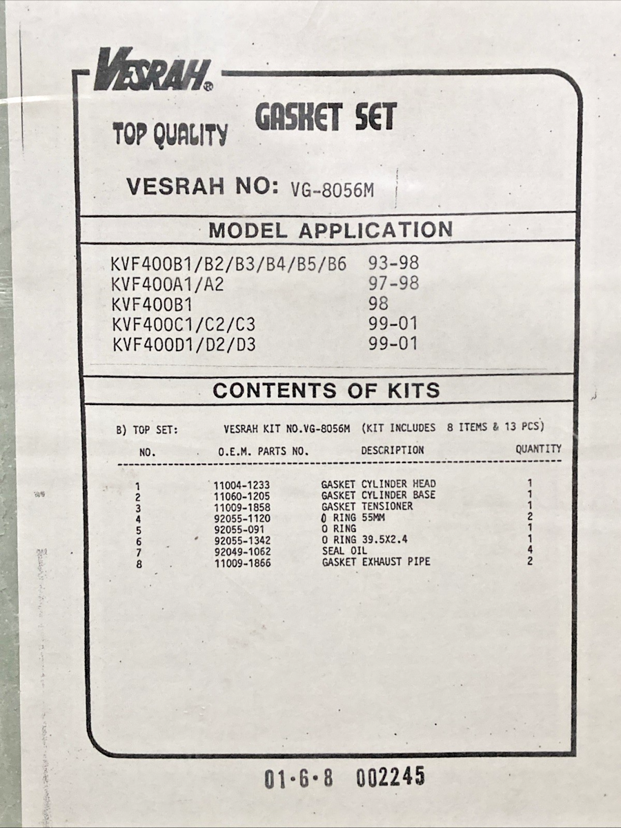 NEW GENUINE VESRAH VG-8056M GASKET SET