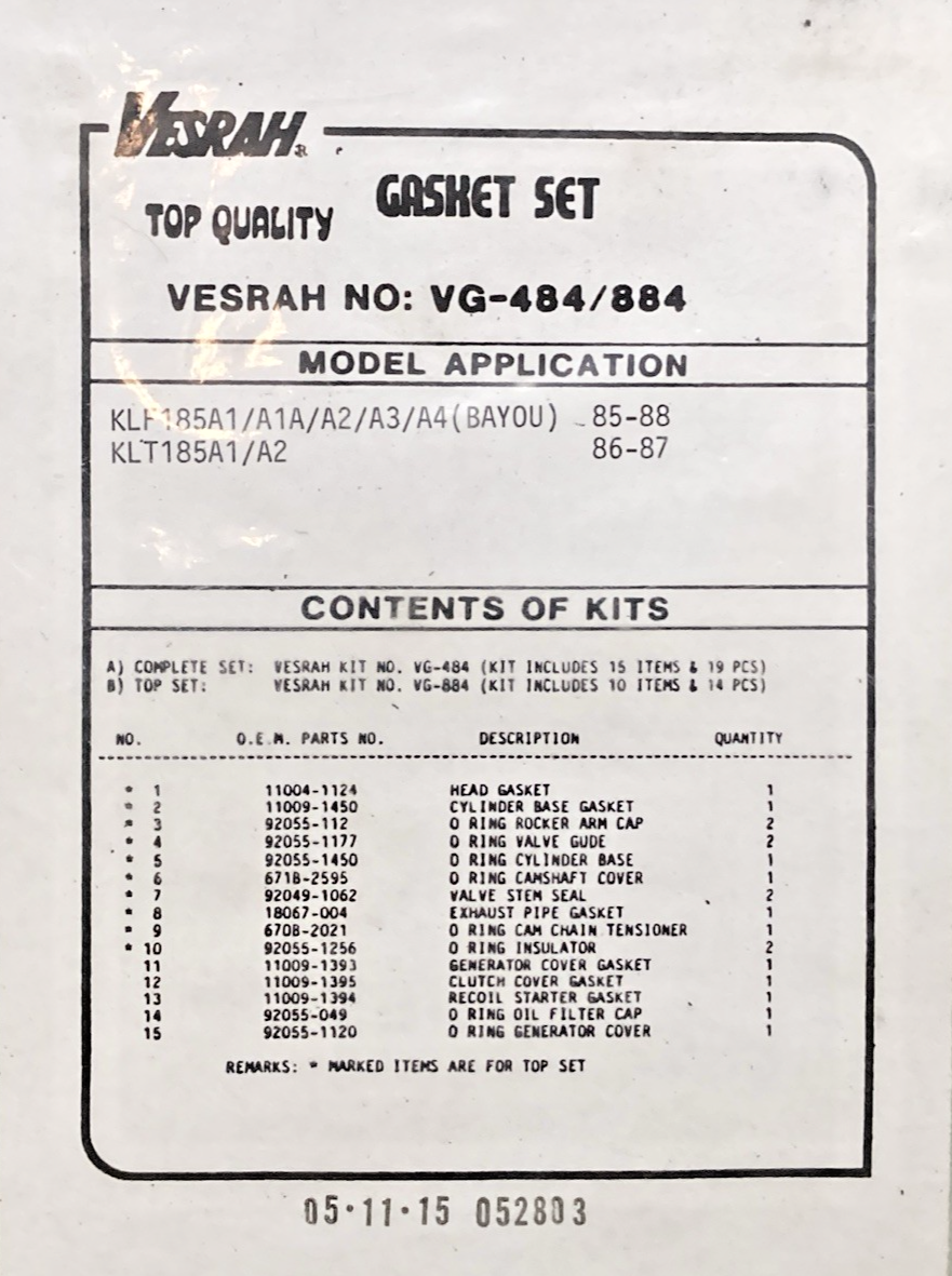 NEW GENUINE VESRAH VG-484 GASKET SET