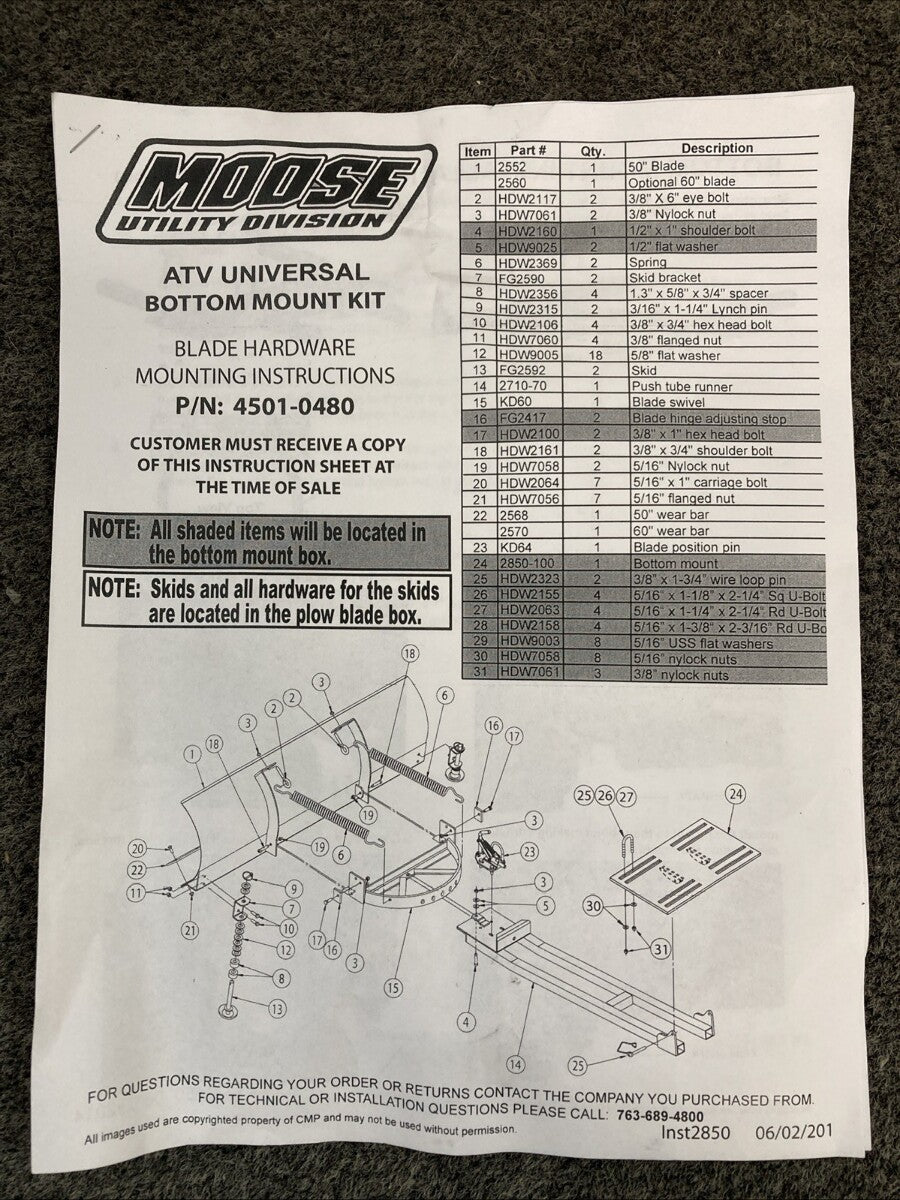 NEW GENUINE MOOSE 4501-0480 UNIVERSAL BOTTOM MOUNT