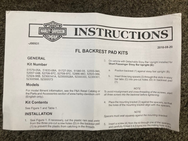 Harley Davidson 52300573 Kit Backrest Compact New Genuine