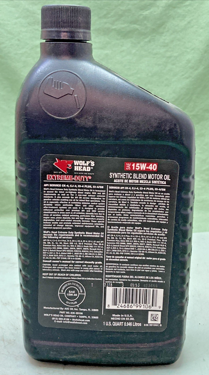 NEW GENUINE WOLF'S HEAD 836 99106C EXTREME-DUTY SYNTHETIC BLEND SAE 15W-40 OIL