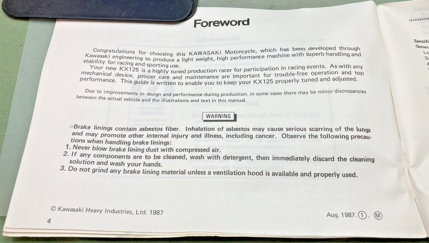 GENUINE KAWASAKI 99920-1425-01 KX125 OWNER'S MANUAL 1987