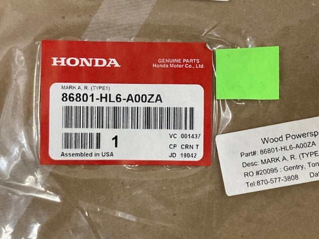 Honda 86801-HL6-A00ZA DECAL New Genuine