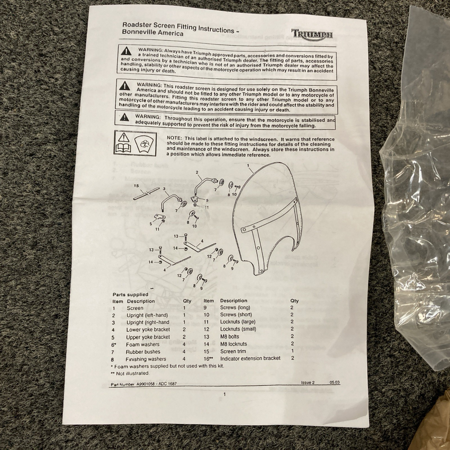 NEW GENUINE TRIUMPH A9901058 Screen Kit