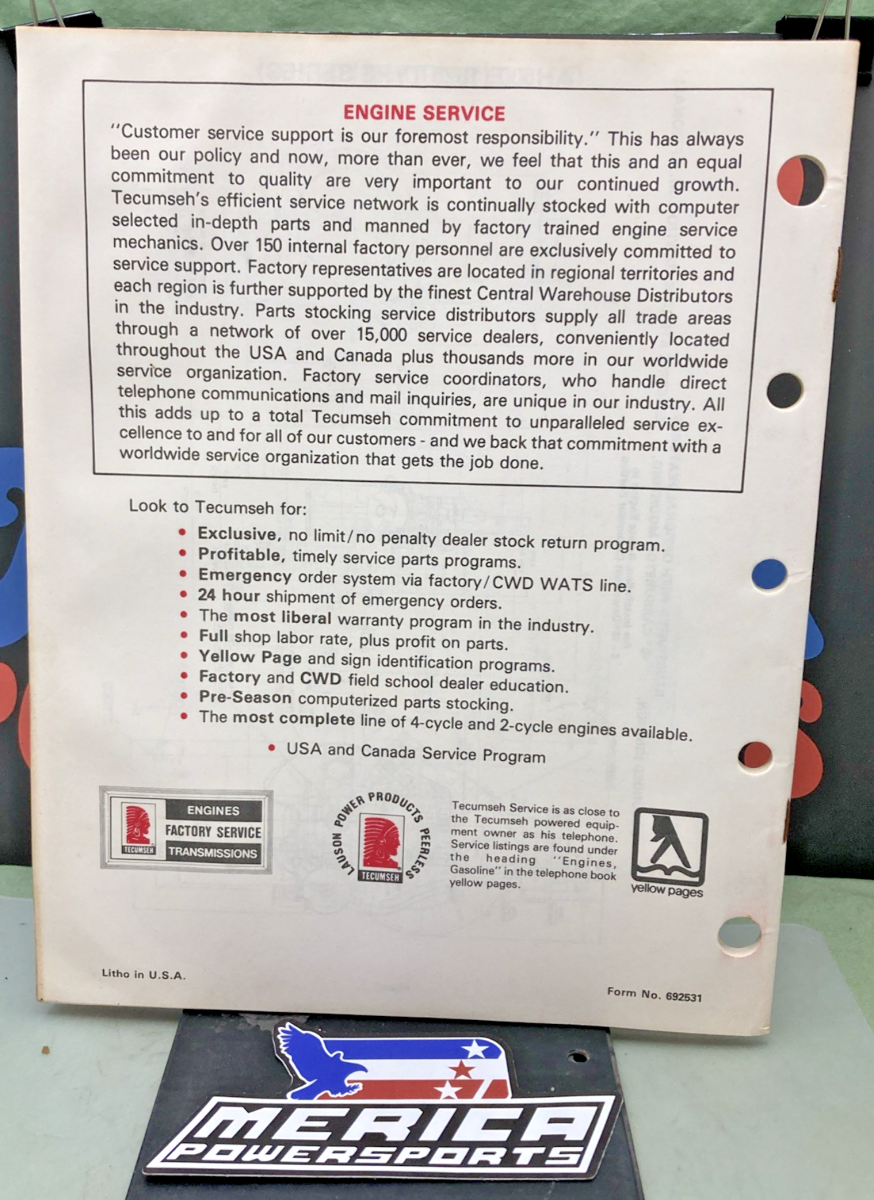 GENUINE TECUMSEH 692531 ENGINE SPECIFICATIONS 1984