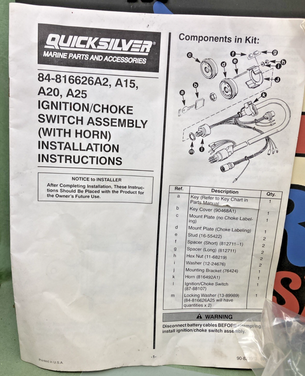 NEW GENUINE MERCURY QUICKSILVER 84-816626A2 IGNITION/CHOKE SWITCH ASSY