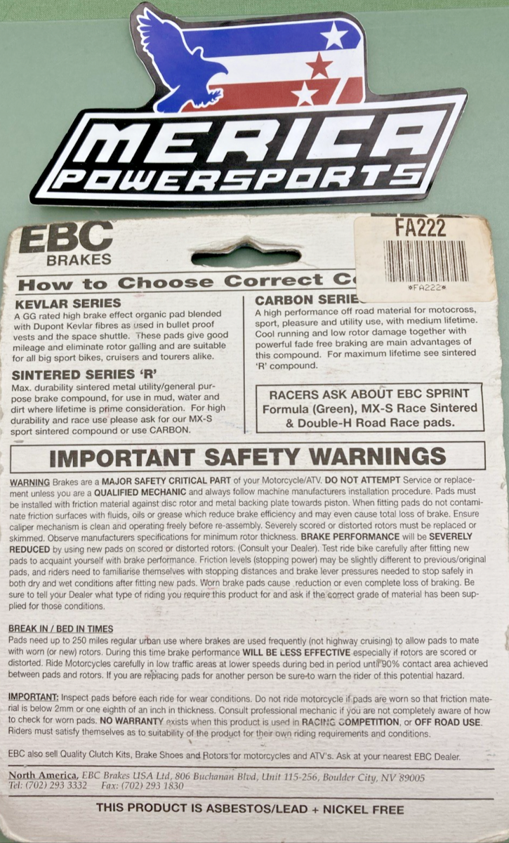 NEW GENUINE EBC FA222 ORGANIC BRAKE PADS - RF 900 R