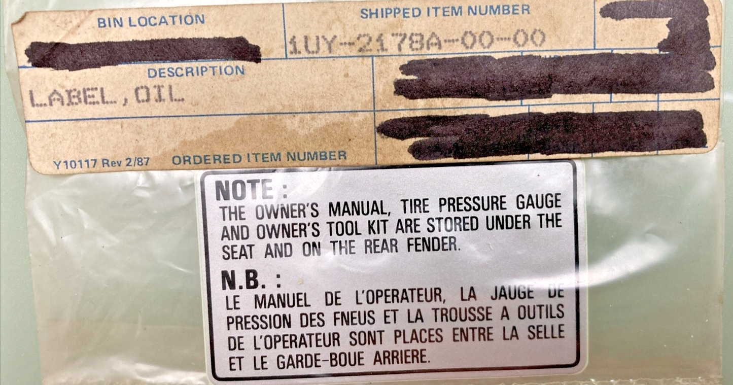 NEW REPLACES YAMAHA 1UY-2178A-00-00 Label, Oil