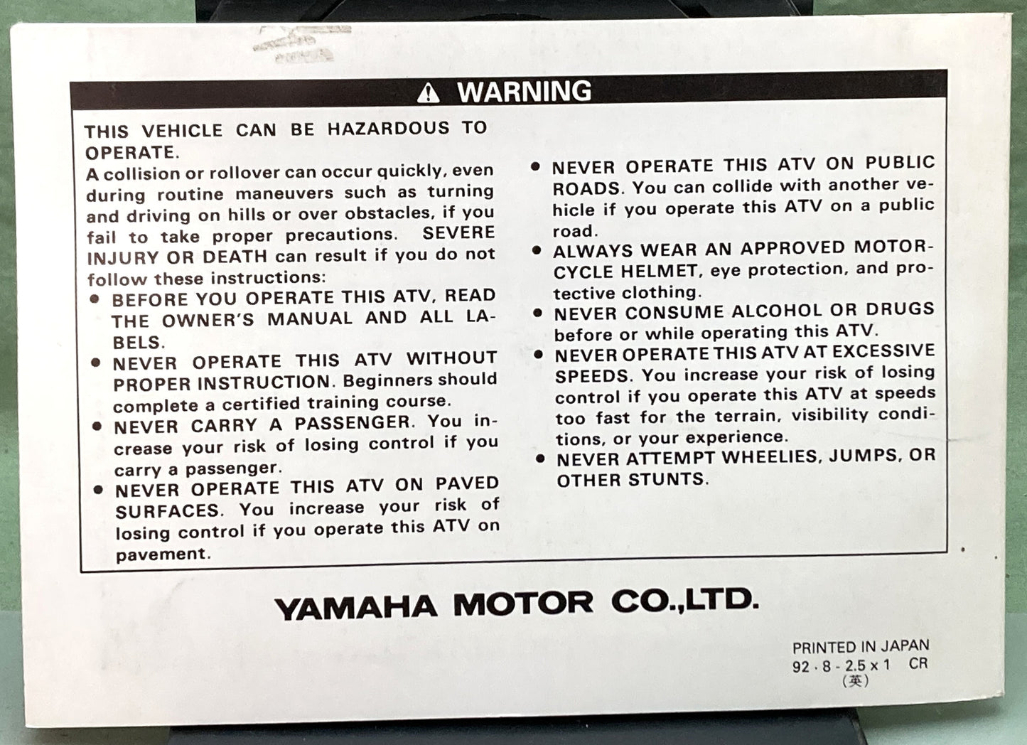 Genuine Yamaha LIT-11626-08-73 YFM400FWE Owner's Manual 1992
