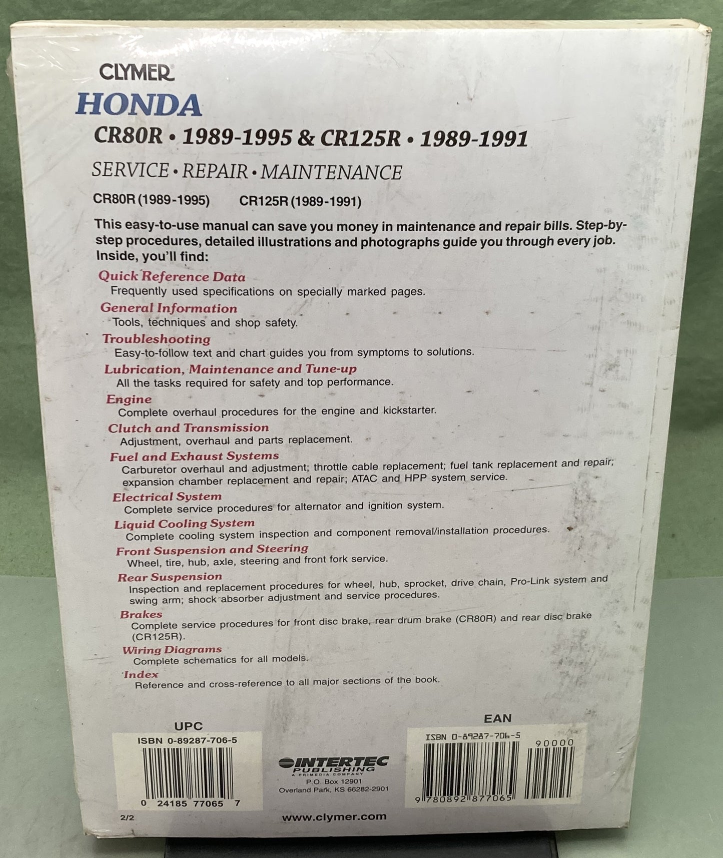 New Genuine Clymer M431-2 Honda CR80R CR125R Service Manual '89-'95 '89-'91