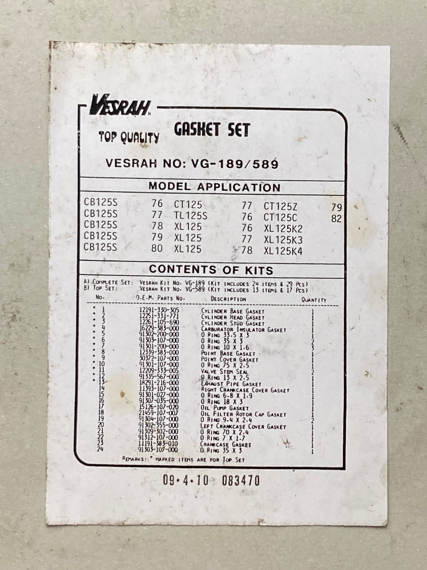 New Genuine Vesrah VG-189/589 Gasket Set