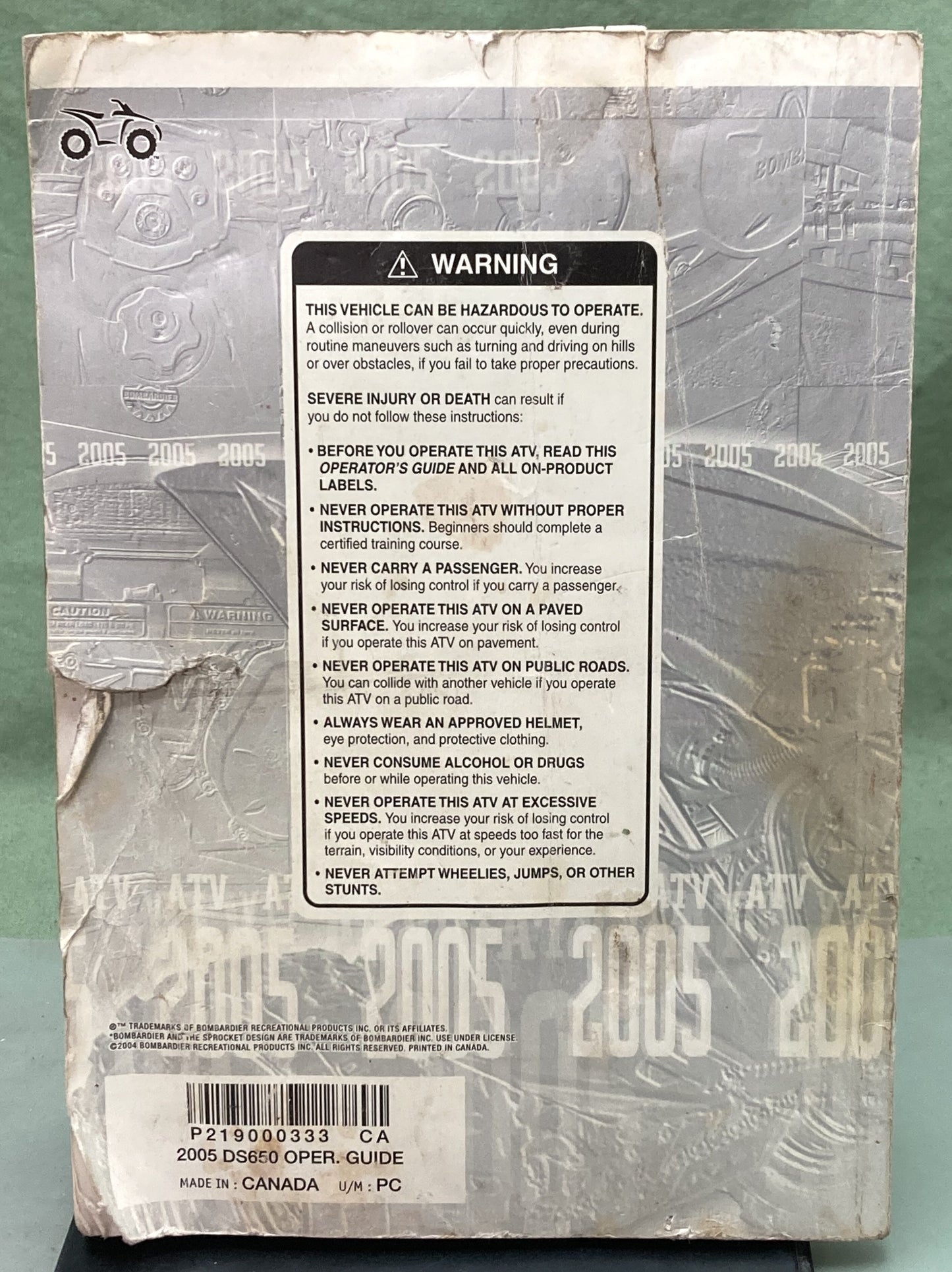 Genuine Bombardier 219000333 DS650 DS650X ATV Owner's Manual 2005