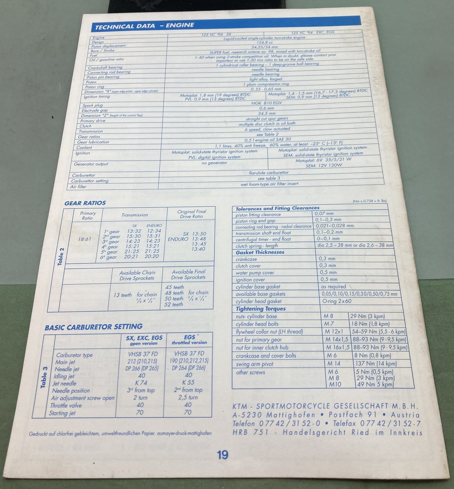 Genuine KTM 320370294 125 VC Spare Parts Manual 1994