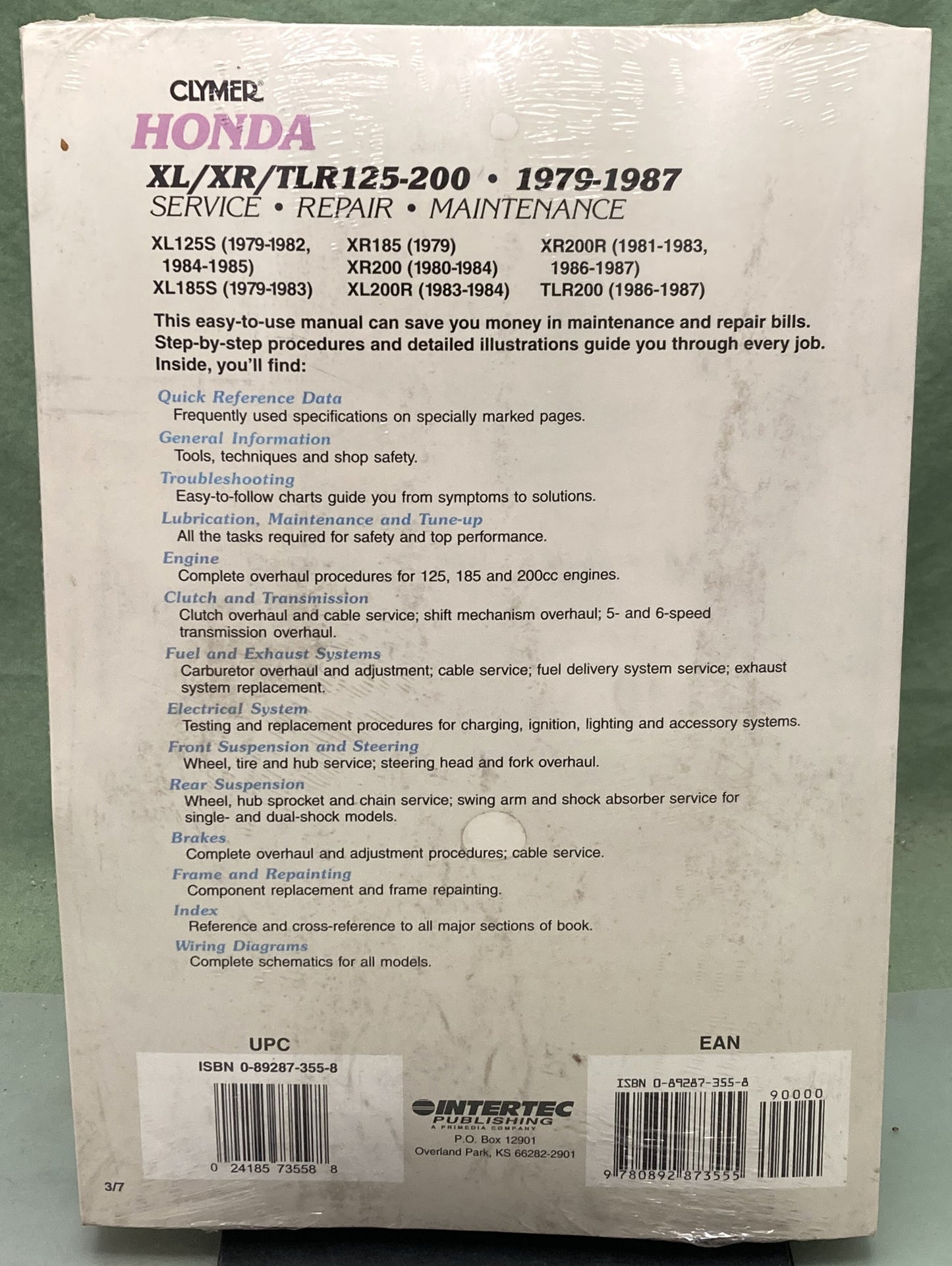 New Genuine Clymer M318 Honda XL/XR/TLR125-200 Service Manual '79-'87