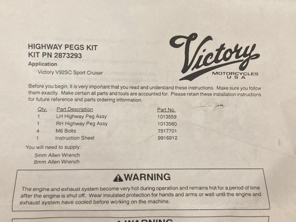 Polaris 2873293 Kit Highway Pegs New Genuine