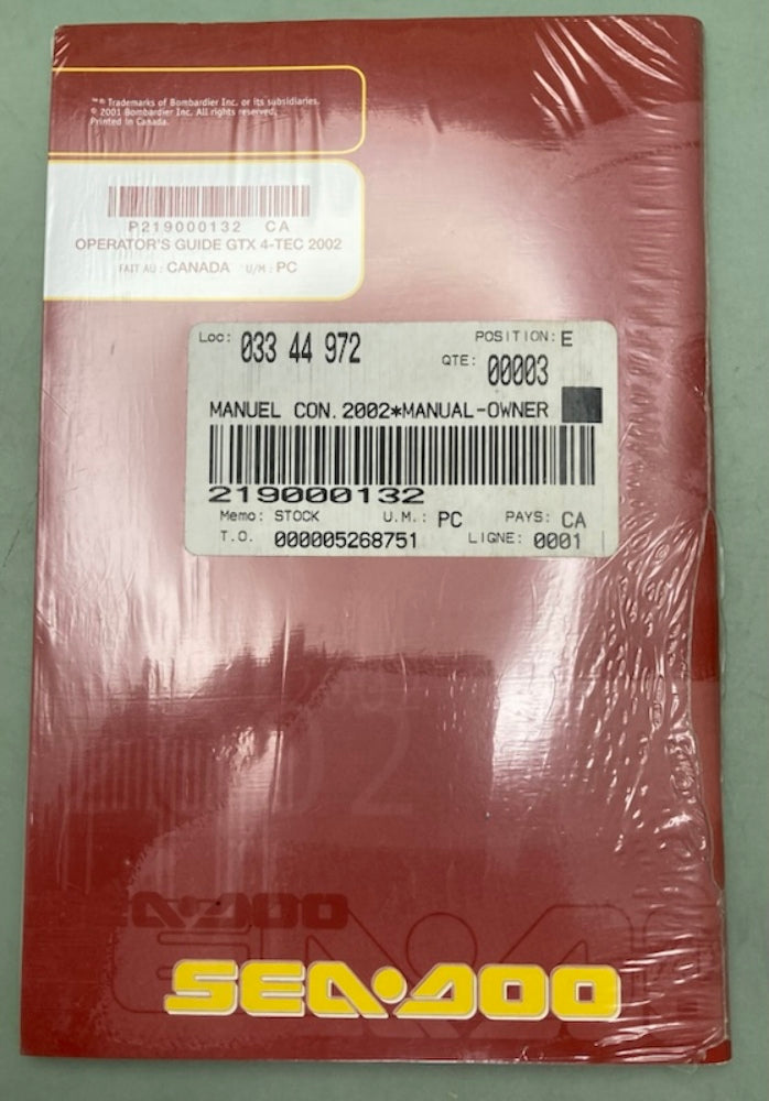 Sea-Doo 219000132 Operator's Guide GTX 4-Tec Con.2002 New Genuine
