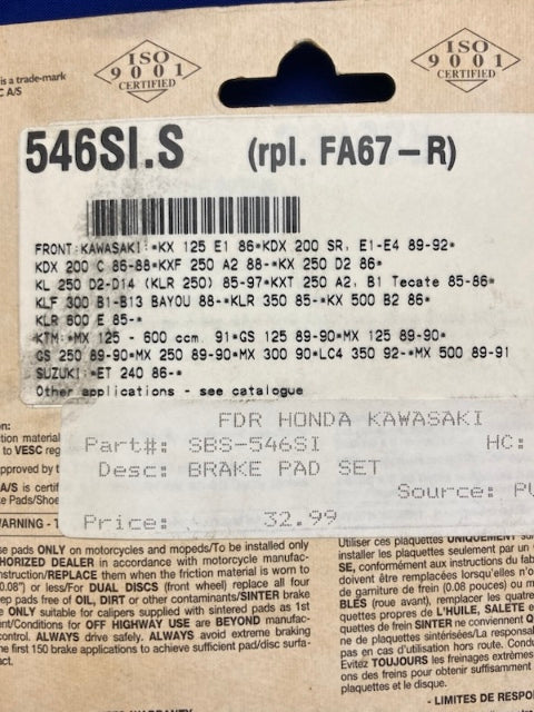 SBS 546SI Brake Pad Set New Genuine for Suzuki Honda Kawasaki KX125/200/500