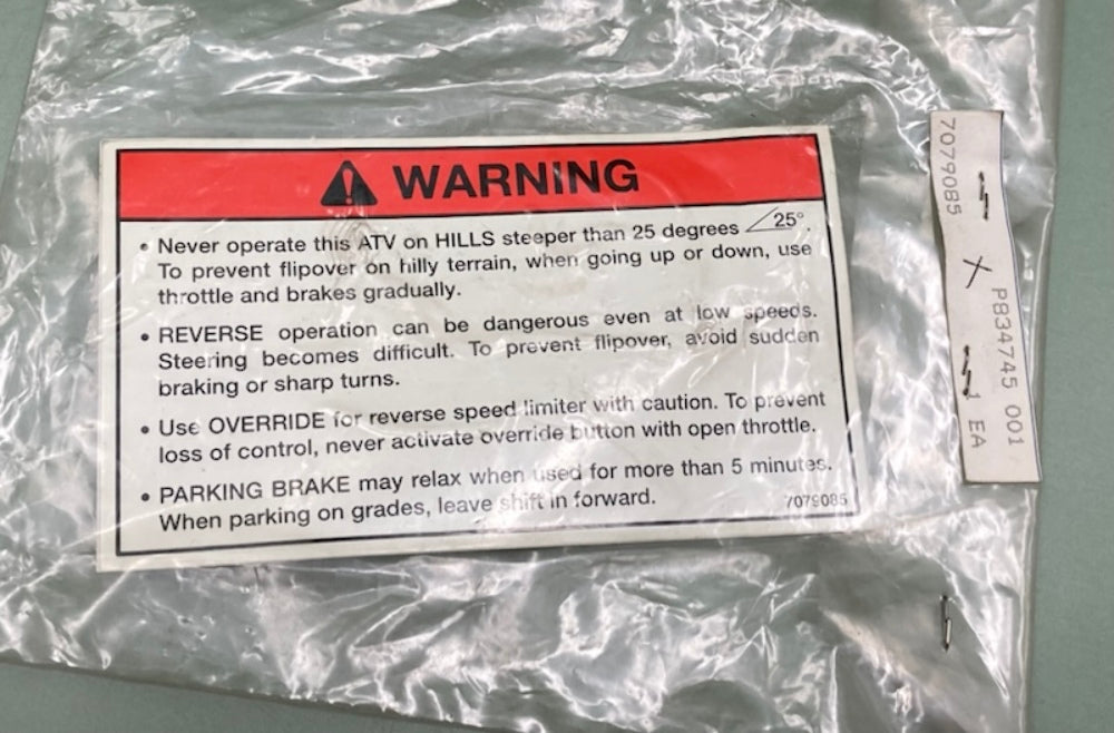 Polaris 7079085 Decal-Warn, Disc, (Al) New Genuine