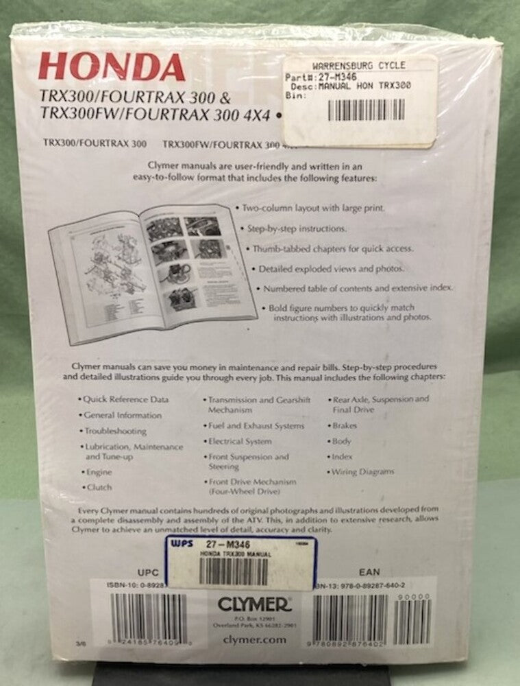 Clymer M346-3 Honda TRX300/Fourtrax 300 Service Manual '88-'00 New Genuine