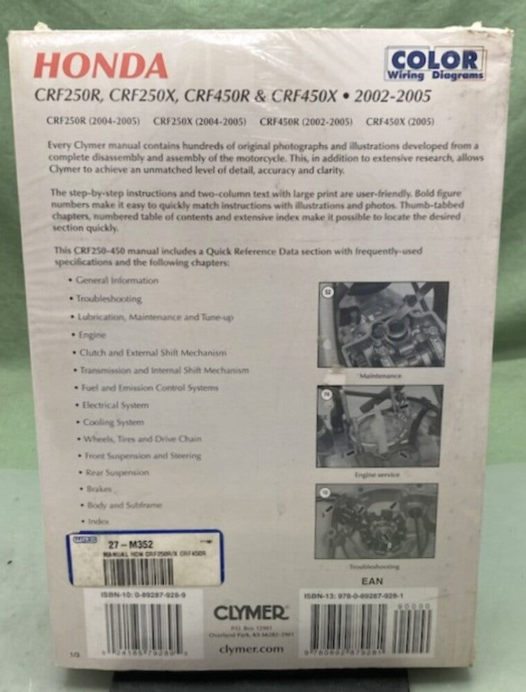 Clymer M352 Honda CRF250R CRF250X CRF450R Service Manual '02-'05 New Genuine