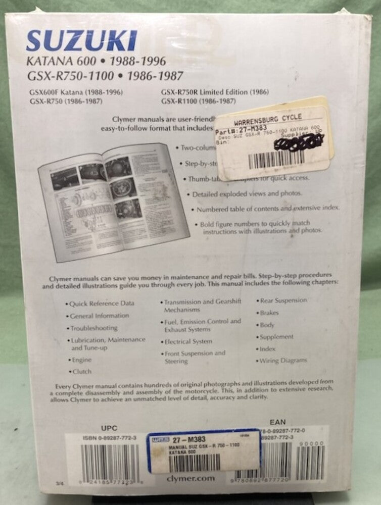 Clymer M383-3 Suzuki Katana 600 GSX-R750-1100 Service Manual '86-'96 New Genuine