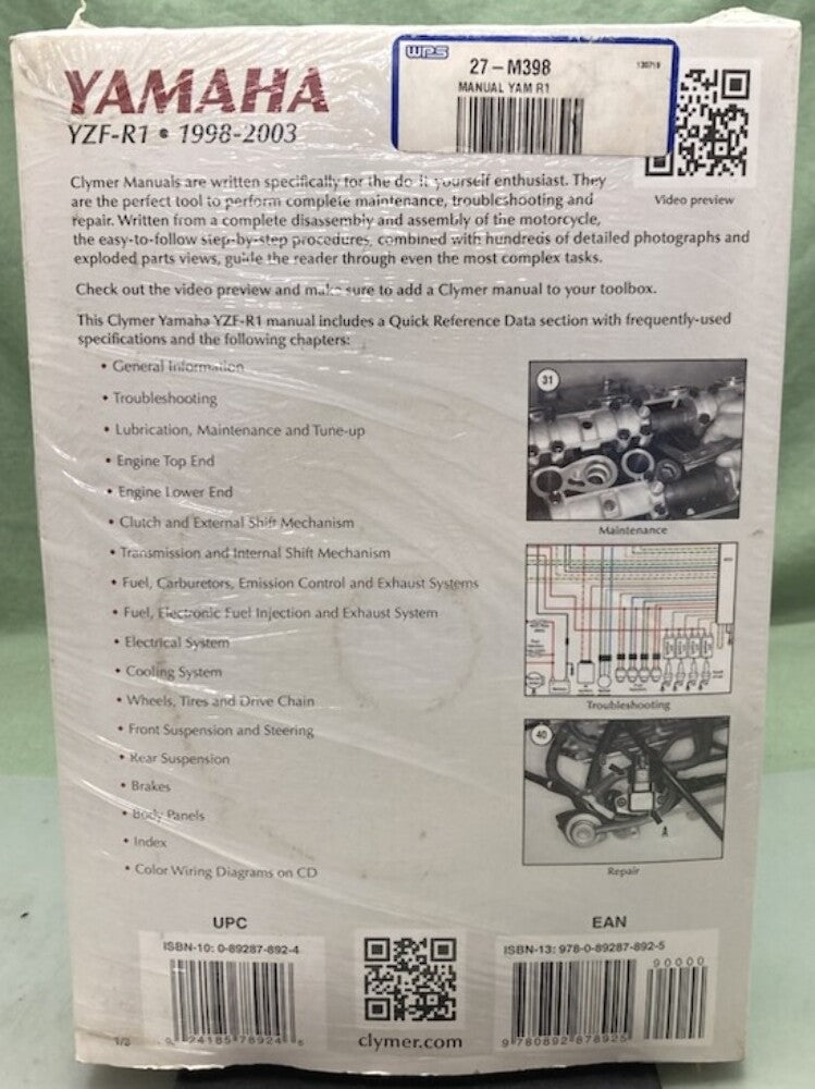 Clymer M398 Yamaha YZF-R1 Service Manual '98-'03 New Genuine